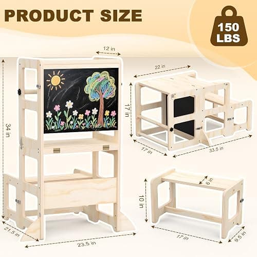 Toddler Kitchen Step Stool, 4-in-1 Foldable Standing Tower with Blackboard, Toddler Step Stool for Bathroom Sink, Kitchen Counter, Ages 18 Months+, 1-3 Year Old Boy Girl Gifts thumbnail 2