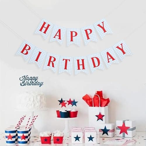 Blue and red Happy Birthday Banner - Happy 1st Birthday decorations, Blue Gingham with Red Letters Happy Birthday Banner thumbnail 4