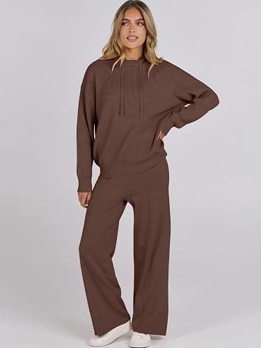 ANRABESS Women 2 Piece Outfits Sweater Sets Loose Long Sleeve Hoodies Knit Pullover Wide Leg Pants 2025 Fall Lounge Sweatsuit thumbnail 2