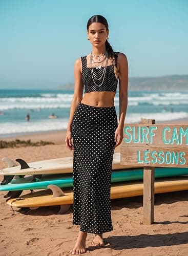 BLENCOT Womens Long Mesh Skirts Elastic High Waisted Printed A-Line Flowy Maxi Skirt for Beach Vacation thumbnail 4