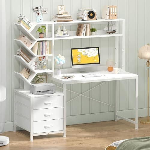 YOMILUVE Reversible Computer Desk with Hutch, Home Office Desk with Drawers and Bookshelf, 52'' Study Writing Desk with Storage Shelves for Bedroom Home Office, White thumbnail 3