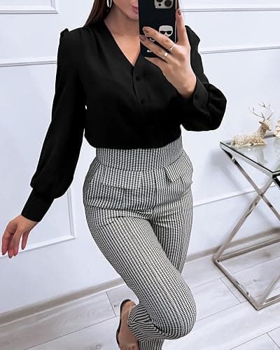 Women's Business Casual Tops Summer Long Sleeve Button Down Shirts V Neck Chiffon Blouses thumbnail 3