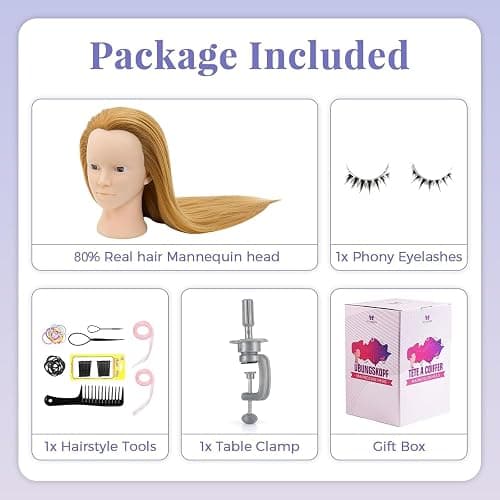 Mannequin Head with 80% Real Human Hair - 28 Inch Makeup Cosmetology Manikin Doll Head for Hair Styling, Training Practice Braiding Mannequin Head with False Eyelashes Hair Styling Set thumbnail 8