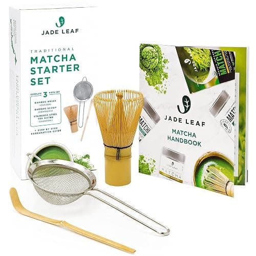 Jade Leaf Matcha - Traditional Starter Set - Japanese Matcha Gift Set Includes: Bamboo Whisk (Chasen), Scoop (Chashaku), Stainless Steel Sifter, Fully Printed Handbook - Image 1