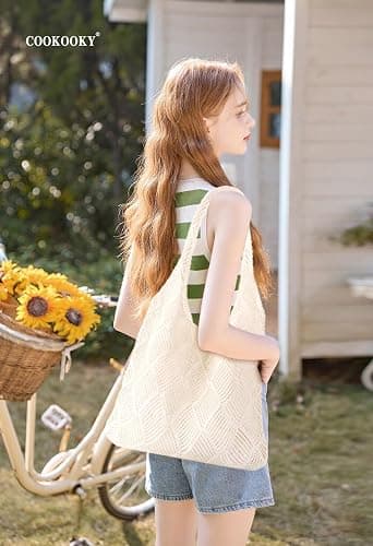 COOKOOKY Crochet Beach Tote bag Summer Beach Bag for Women Aesthetic Mesh Tote Bag Hippie Bag Knit Bag thumbnail 3