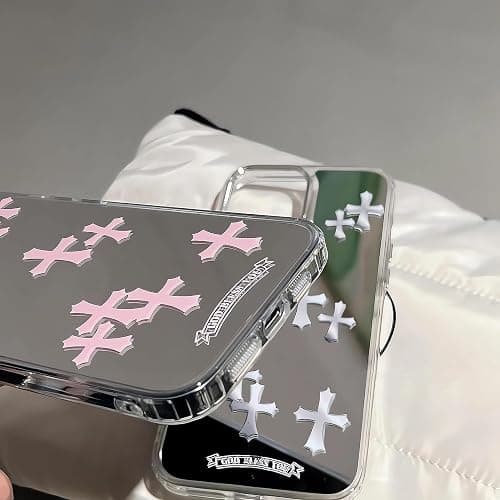 xoniery Compatible with iPhone 15 Cute Glossy Mirror Back Case,Cross Pattern,Senior Shockproof Protection for iPhone 15 Case for Women Girls-Pink thumbnail 5