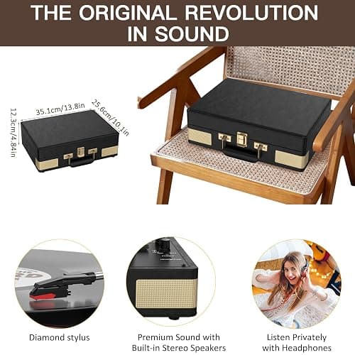 Trynnay Tourne-Disque Bluetooth à 3 Vitesses - Lecteur Portable en Vinyle avec Haut-parleurs intégrés - Tourne-Disque - Son Audio amélioré Noir Vintage thumbnail 5