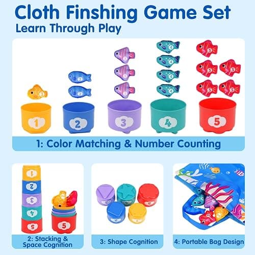 Montessori Toys for 1 Year Old - Cloth Fishing Game Baby Toys 6-12 12-18 Months with Stacking Cups - Sorting Learning Toddler Toy Age 1-2 - Babies First Birthday Gifts for 1 2 3 Year Boy Girl thumbnail 2
