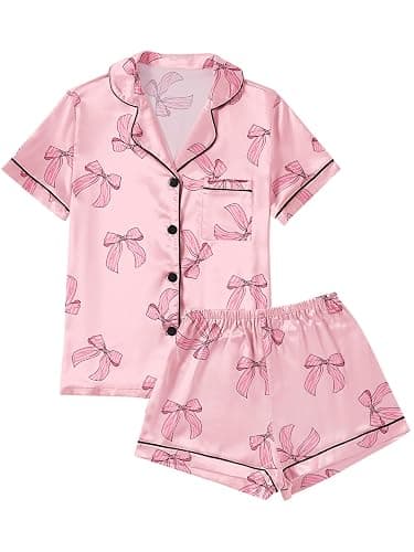 LYANER Women's Satin Pajamas Set Short Sleeve Button Shirt Silky Sleepwear with Shorts Set PJ - Image 1