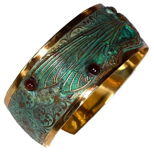 Verdigris Patina Solid Brass Decorative Dragonfly Cuff - Genuine Garnet thumbnail 5