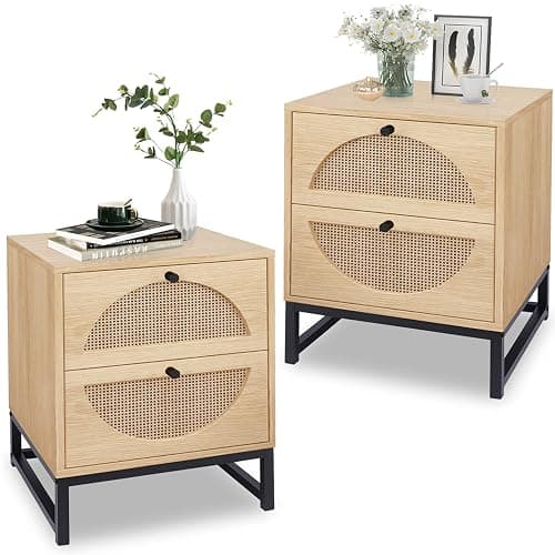 AWQM Rattan Nightstand Set of 2,Farmhouse End Table Set of 2,Wood Sofa Side Table,Accent Table with Storage, Bedside Table Accent Storage Cabinet for Bedroom Living Room,Metal Legs,Beige (W68837255) - Image 1