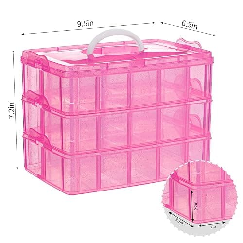 SGHUO 3-Tier Pink Craft Storage Container, Stackable Organizer Box with Dividers for Art Supplies, Beads, Washi Tapes, Seed, Hair Accessories, Nail, 9.5X6.5X7.2in thumbnail 3