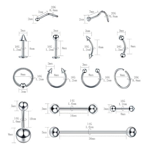 ChiMunllin 120PCS Body Piercing Kit Surgical Steel 14G 16G 20G BCR CBR Labret Lip Rings Cartilage Daith Earrings Nose Septum Nose Studs Belly Button Rings Jewelry Needles Gloves Clamps Tools thumbnail 2