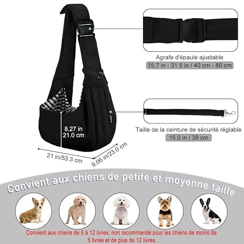 PETLOFT Sac de Transport pour Chien,Sac Transport Chiot, Réversible Sling Bandoulière Réglable, avec Crochet de Collier pour Chiot/Chat/Lapin Jusqu'à 4.99kg, Noir thumbnail 2