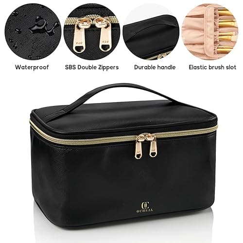 OCHEAL Makeup Bag, Portable Cosmetic Bag, Large Capacity Travel Makeup Case Organizer, Black For Women Toiletry Bag for Girls Traveling With Handle and Divider thumbnail 5