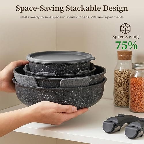 YASHE 15Pcs Nonstick Pots and Pans Set with Removable Handle, Oven Safe | Non-Toxic Stackable Cookware Set for RVs, Camping, PFOS/PFOA-Free Induction Compatible thumbnail 7
