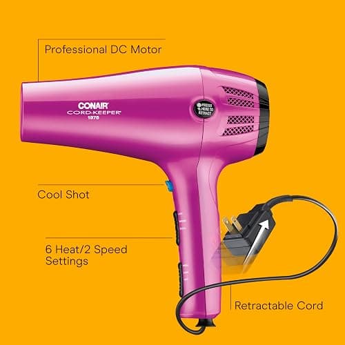 Conair Hair Dryer with Retractable Cord, 1875W Blow Dryer, 3 Heat Settings, 2 Speeds, Blow Dryer with Diffuser and Concentrator Attachments, Ionic + Tourmaline Technology, Pink thumbnail 2