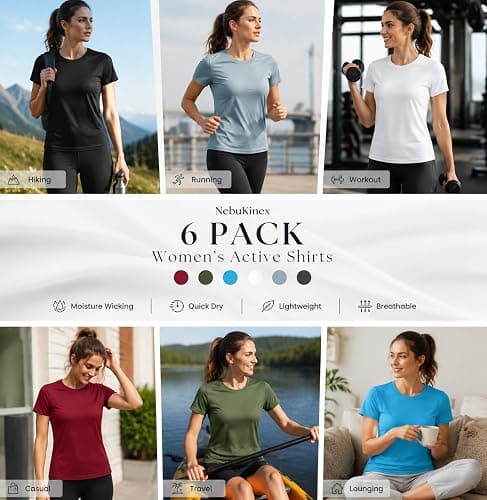 6 Pack Workout Tops for Women Short Sleeve UPF Sun Protection Athletic T Shirts Quick Dry Tennis Yoga Running Crew Neck Tee thumbnail 2