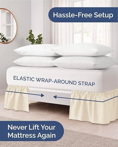 Wrap Around Dust Ruffle Bed Skirt - Off White - for Queen Size Beds w/ 24 Inch Drop - Easy Fit Elastic Strap - Adjustable Pleated Bedskirt w/Brushed Fabric - Wrinkle Free - Women, Men, Kids & Teens thumbnail 3