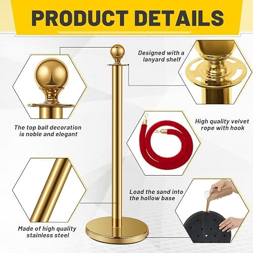 Ferraycle 6 Pcs 2026 Wedding Stanchions and Velvet Ropes Set, Gold | Stainless Steel Pole 5 ft Velvet Rope Crowd Control Barriers Opening Movie Party Red Carpet 360 Photo Booth Accessories thumbnail 3