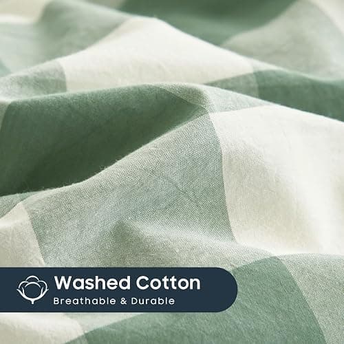 Wake In Cloud - Gingham Cotton Duvet Cover Set, Plaid Buffalo Check Checkered Farmhouse, 100% Washed Cotton Textured Percale Bedding Set, 3 Pieces, Green White, Full Size thumbnail 6