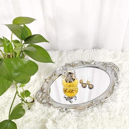 Yamfurga Oval Decorative Mirror Tray, French Style, Makeup Organizer, Jewelry Organizer, Serving Tray, 9.8"x 14.6", Golden Silver thumbnail 7
