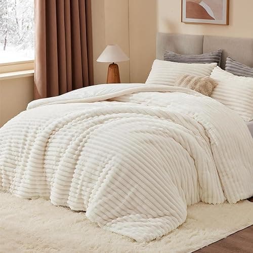 BEDELITE Fleece Oversized Queen Comforter Set, Fluffy Bed Set, Cream White | Super Soft & Warm Bedding, Luxury Fuzzy Faux Fur Comforter for Winter, Heavy Plush Bedding, with 2 Pillowcases thumbnail 2
