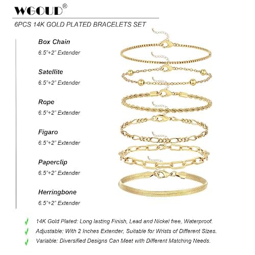 Wgoud Waterproof Gold Bracelets for Women Trendy, Dainty 14K Real Gold Plated Fashion Stackable Bracelet Sets for Women Thin Cuban Link Paperclip Chain Bracelets Layered Gold Jewelry Sets Gifts for Womens thumbnail 6
