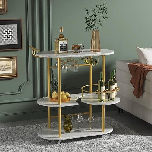 PAUKIN Gold Bar Carts with 4-Tier Storage Shelves, Mobile Bar Serving Cart with Wine Rack and Glass Holder, for The Home, Kitchen, Living Room, Dining Room thumbnail 3