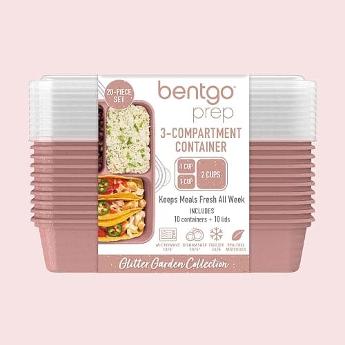 Bentgo Prep - 20-Piece 3-Compartment Reusable Meal Prep Containers with Lids, PFAS & BPA Free Materials, Durable, Microwave, Freezer, & Dishwasher Safe To Go Food Storage (Rosette Glitter) thumbnail 8