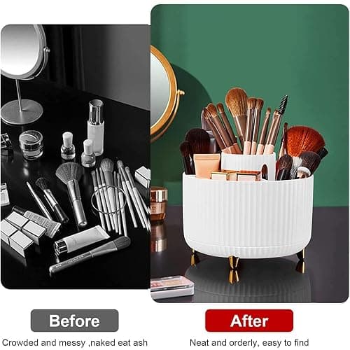 Bekeify 360° Rotating Makeup Organiser Makeup Brush Holder with 5 Compartments for Cosmetics Perfume Jewellery for Dressing Table Bedroom Bathroom Office White Stationery Storage thumbnail 4