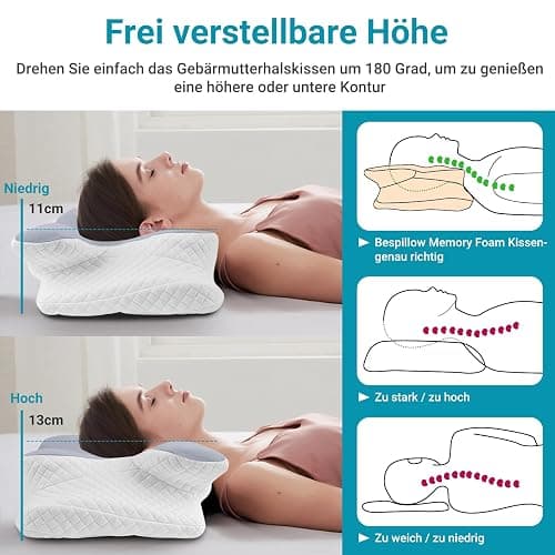 botatio Memory Foam Kissen Ergonomisches Nackenkissen Kopfkissen, Memory Foam Pillow Kopfkissen für Seiten, Orthopädisches Kissen Rücken & Bauchschläfer zur Verbesserung 62x41x13/11 cm, Grau-Weiß thumbnail 5