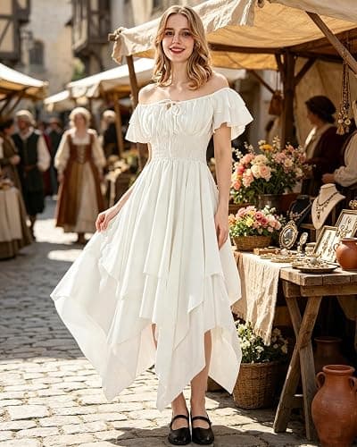 FCCAM Chemise Renaissance Dress Women Short Sleeve Corset Cottagecore Ren Faire Dress Costume with Pockets thumbnail 2