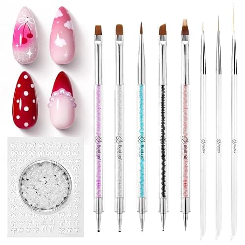 Beetles Nail Art Brushes 8pcs – Crystal Nail Art Tools 5pcs Double-headed Nails Dotting Tool, 3pcs Striping Liner Brushes for Nails with Pearls Bowknot Stickers, DIY Home Salon Manicure Design Tools thumbnail 7