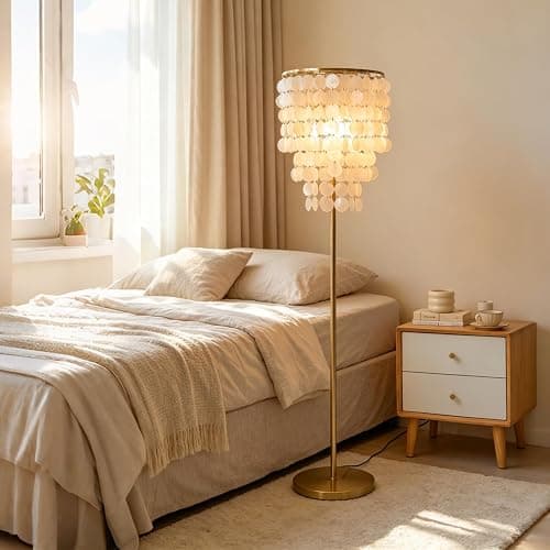 Monikessy Capiz Shell Floor Lamp Elegant Modern Floor Lamp with Gold Finish | 57" Coastal Seashell Standing Lamp, Plug In, Foot Pedal Switch, 3 Color Tempareture, Easy Assembly thumbnail 2