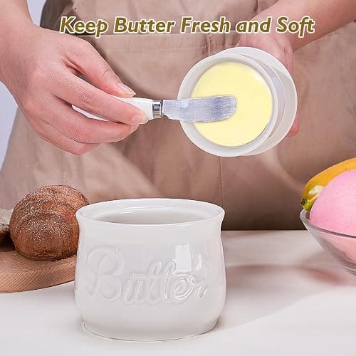 Beurrier Français, Beurrier à Eau en Céramique avec Couvercle et Couteau, Refroidi à l'eau, Pot à Beurre avec Ligne d'Eau pour Beurre Frais à Tartiner thumbnail 2