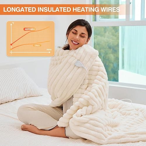 AEPINBH Heated Electric Blanket Throw: 6-Level Fast Heating, 4-Hour Auto-Off, Soft&Warm Stripe Faux Rabbit Fur, for Couch Home Office, with Overheating Protection & ETL Certified(50 x 60,Milky White) thumbnail 4