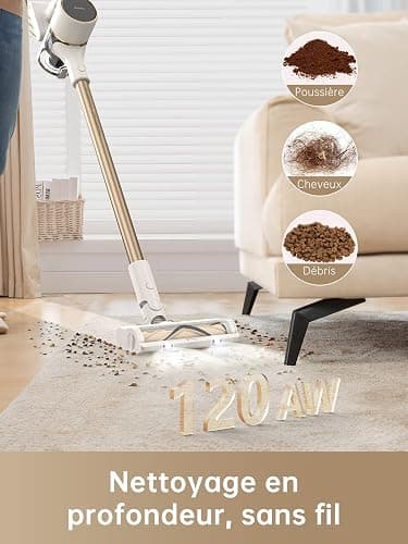 dreame R10 Aspirateur Balai sans Fil, Aspiration puissante de 120AW, Autonomie de 60 Min, Filtration avancée, Brosse Multi-Surfaces avec éclairage LED Idéal pour ménage, Poils d'animaux et Tapis thumbnail 3