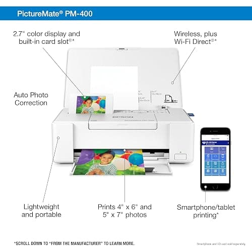 Epson PictureMate PM-400 Wireless Compact Color Photo Printer, white | Compact wireless photo printing; borderless 4 x 6 and 5 x 7 in., mobile support; ideal for home and travel thumbnail 4
