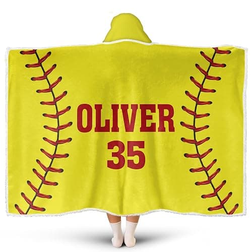 Hyturtle Personalized Softball Hooded Blanket – Softball Wearable Blankets Gift from Women Lovers – Sports Blanket Hoodie Gift for Players On Birthday – Custom Name Soft Cozy Flannel Sherpa Blankets - Image 1