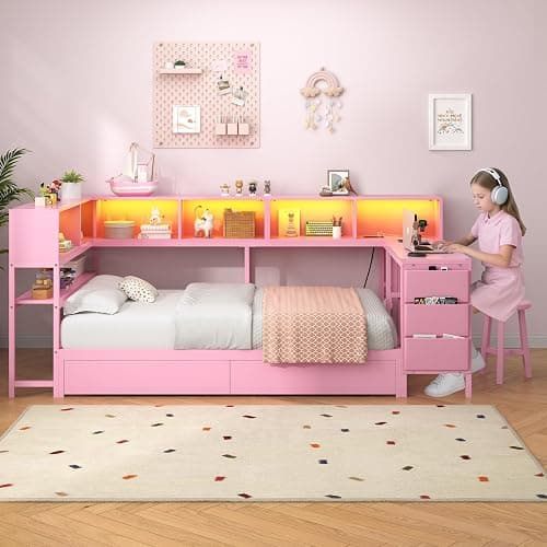 Hasuit Twin Corner Bed with Desk and Storage Bookcase, Daybed with 2 Drawers & 2 Storage Bins, Twin Size Platform Bed Frame with Charging Station and LED Light, Modern Teenagers Bedframe, Pink thumbnail 3
