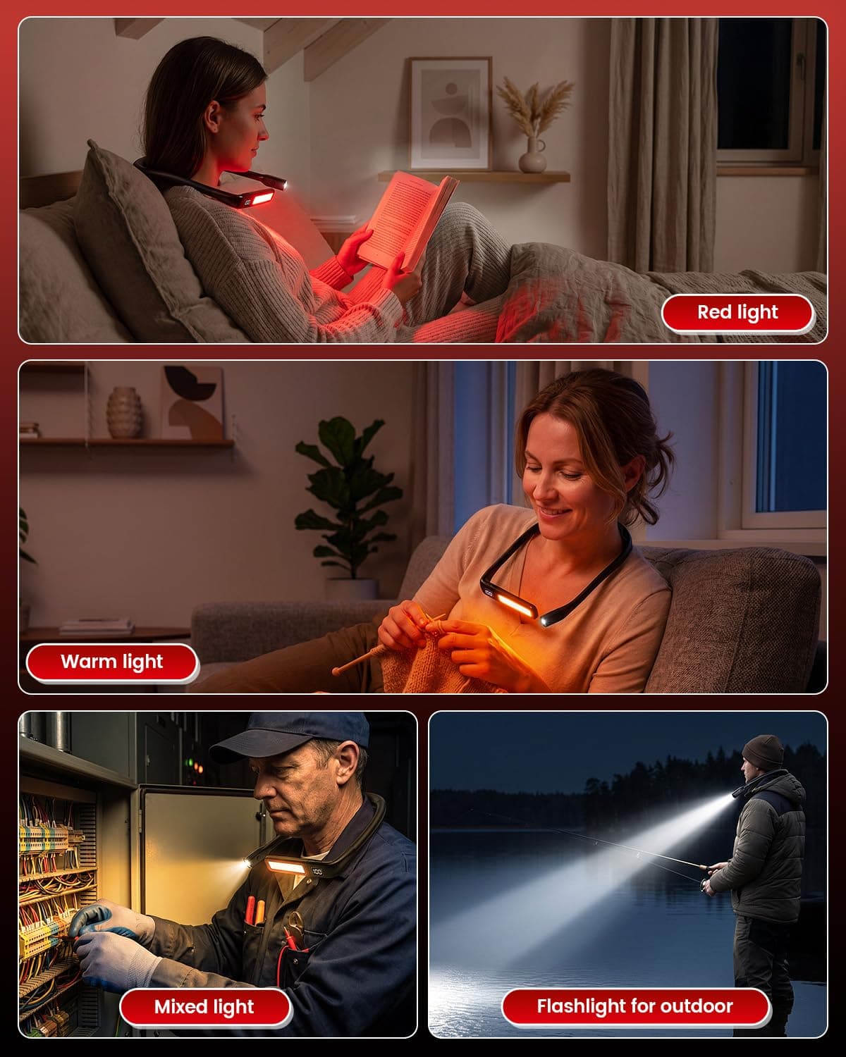 630nm Red Neck Reading Light - Zero Blue Light, Rechargeable Dimmable Portable LED Red Neck Book Lamp for Reading, Crafts, Knitting, Crochet at Night, Ideal Gift for Readers and Craft Lovers thumbnail 2