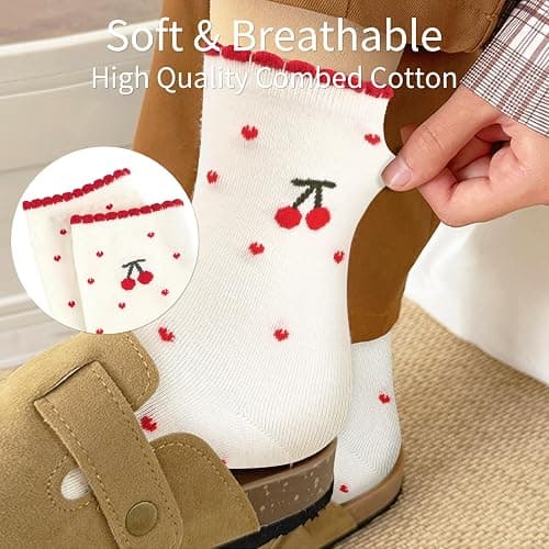 Knagsfa Women's Cute Crew Socks, Casual Athletic Cotton Bowknot Cherry Calf Novelty Socks for Women thumbnail 5