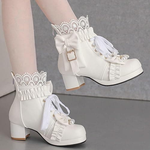 LUXMAX Women Chunky Heel Lace Up Booties Lolita Kawaii Shoes Block Heel Cute Ankle Boots Sweet Lace Boots with Bow thumbnail 8