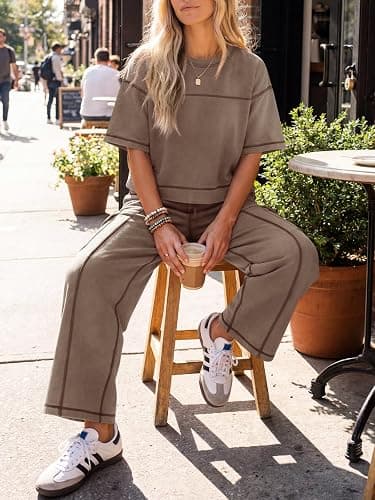 Fisoew Womens 2 Piece Outfits Lounge Sets Short Sleeve Tops and Wide Leg Pants Travel Vacation Casual Matching Sets thumbnail 4