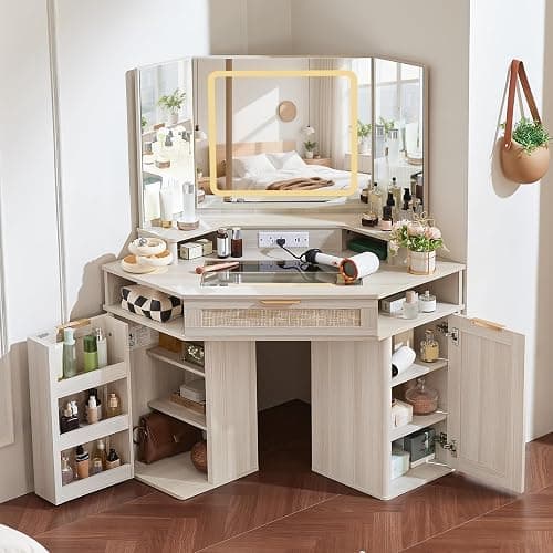 Lerliuo Corner Vanity Desk with 3 Way Mirror and Lights, 46'' Rattan Makeup Vanity with Glass Top Drawer, Boho White Make Up Storage Cabinets with Charger for Bedroom thumbnail 8