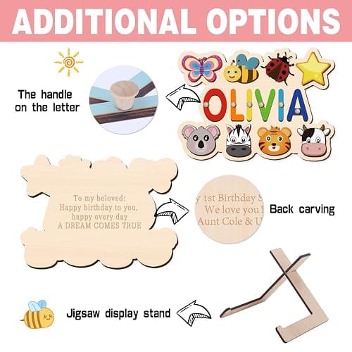 Name Puzzle for Kids Personalized, Custom Wooden Name Animal Puzzle, Montessori Learning Toys for Toddler 1-3, First Birthday Gifts for Girls&Boys thumbnail 4