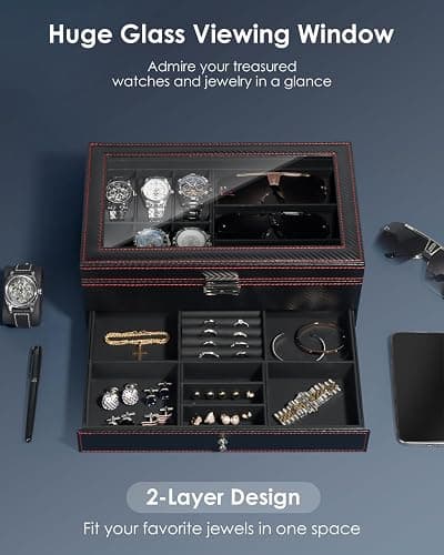 Kukikan Watch Jewellery Box Organiser, Watch Case and Sunglasses Storage with Large Glass Lid, 6 Slots and 2 Layers, Men's Jewellery Box with Lock, Watch Holder Display Case, Gift for Men Women thumbnail 4