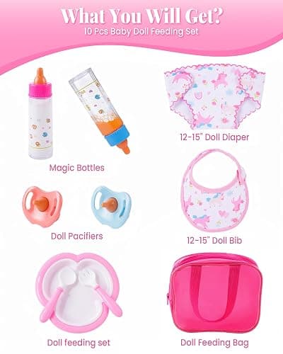 BABESIDE Baby Doll Accessories, 10 Pcs Disappearing Doll Feeding Set for Toy Stroller, Baby Care Pretend Play Kit with Magic Bottles, Pacifiers, Bib, Diaper & Carry Bag for 12–15 Inch Dolls thumbnail 2