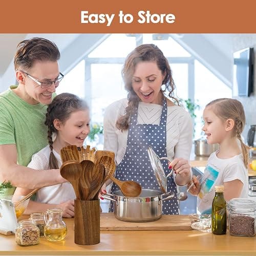 comfoyar Teck Ustensiles de Cuisine Bois, Set de 7 Cuillère en Bois pour la Cuisson avec Spatula et Ladle, Résistance à la chaleur Convient pour Poêles Antiadhésives thumbnail 2